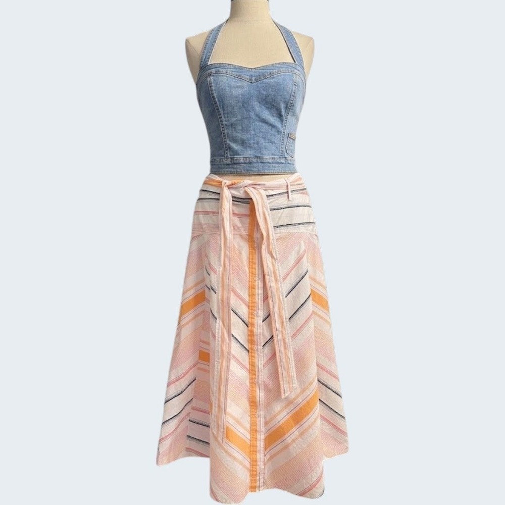 Summer Striped Button Front Midi Skirt medium Cotton Modest Spring Brunch